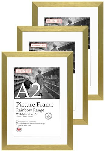 A2 Gold Picture Frame Set of 3, Perfect for Displaying A3 Pictures with Mount or A2 Pictures Without Mount, Gallery Wall, Posters, Photos, Artwork, or Prints, Gold