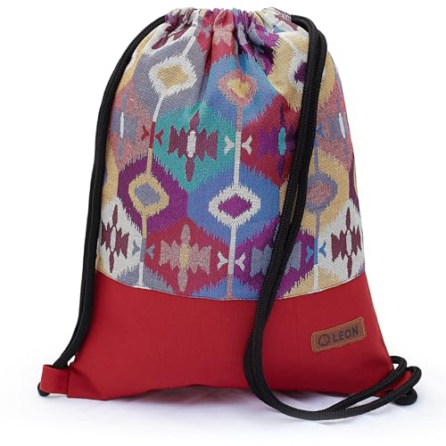 By Bers Leon großer Premium Turnbeutel mit Innentaschen Rucksack Tasche Damen Herren Teenager Gym Bag Draw String 45x34cm für Sport Reise Alltag Einkauf (TB_Boho_Rot_003)