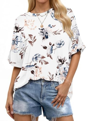 WNEEDU Tee Shirt Femme Manches Courtes T-Shirt Oversize Col Rond | Hauts Femmes Eté Tshirt Basique Ample Top Chemisier à Manches Retroussées