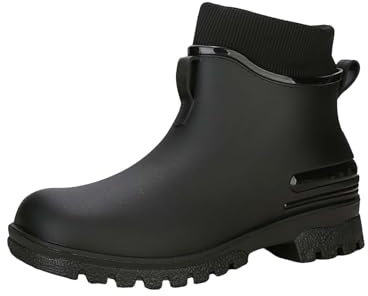 SAUTRV Stivali da pioggia corti da donna, alla caviglia, senza lacci, da giardino, in gomma, da lavoro, con comfort, Nero , 41 EU