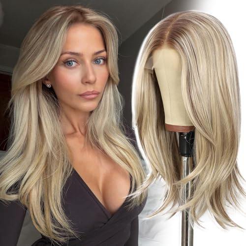 SOMIARIK 13x4 Layered Lace Front Wig, Blonde mix Brown with Dark Roots Synthetic Straight Highlight Wig for Women Pre-Plucked Natural Hairline Heat Resistant Fiber 18 Inch Daily Use