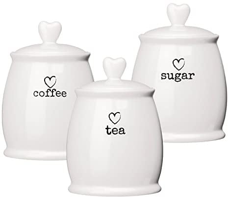 Set of 3 Ceramic Tea Coffee & Sugar White Storage Jars Shabby Chic Heart Design