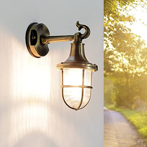 Licht-Erlebnisse Außenwandleuchte aus Messing Glas Antik IP64 Eingang Balkon T:19 cm E27 Maritim Rustikale Außenlampe Terrasse SANTORIN