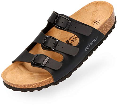 BOnova Menorca Pantolette Damen in 7 Farben und von Größe 35 bis 43. Der moderne Hausschuh für den Sommer. Bequemes Kork Fußbett – Laufen wie auf Wolken. Hergestellt in der EU – schwarz 40