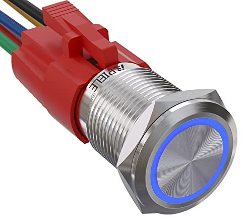 APIELE 16MM Verriegelung Druckschalter 12VDC 5A, Edelstahl mit LED Ringbeleuchtung wasserdicht Latch Drucktastenschalter mit vorverdrahtetem Stecker, Auto RV LKW Boot EIN/AUS Taste Schalter (Blau)