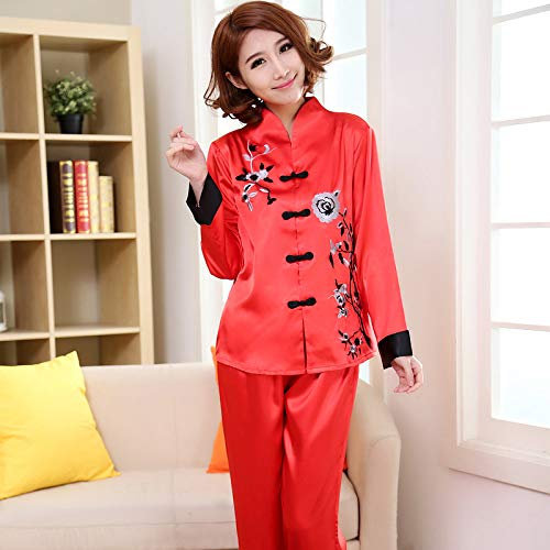 Pyjama Satin Femme,Ensemble De Pyjamas En Soie Pour Femmes Chinoises Traditionnelles Roses Ensemble De Pyjamas Brodés À Fleurs Costume 2Pces Home Wear Vêtements De Nuit Loungewear M L Xl Xxl 3Xl,R