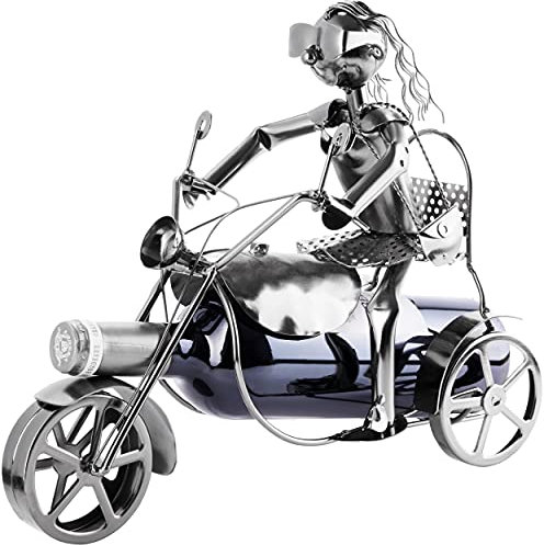 BRUBAKER Weinflaschenhalter Motorradfahrerin - Trike Dreirad Skulptur Flaschenständer - Wein Geschenk aus Metall für Motorrad Fans