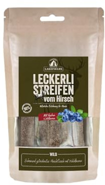 Lakefields Hundeleckerli | Trockenfleischstreifen vom Wild | 150g | 90% Hirschfleisch | Getreidefreie Hunde Snacks mit Kartoffeln & Waldbeeren | Knusprige Belohnung für Zwischendurch | Ohne Zusätze