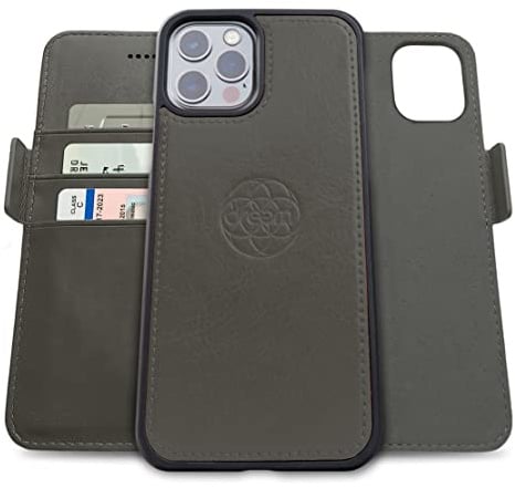 dreem Vegan Leather Magnetic Detachable Wallet Case for iPhone 13 Pro Grey | Built-in Phone Stand, RFID Blocking Card Holder Flip Cover, MagSafe Compatible, Gift Box [Fibonacci: Grey]