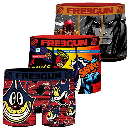 FREEGUN Comic Jungen Boxershorts 3er Pack S M L XL XXL 92% Polyester Druck, Größe:12/14 Jahre, Farbe:Motivmix 1