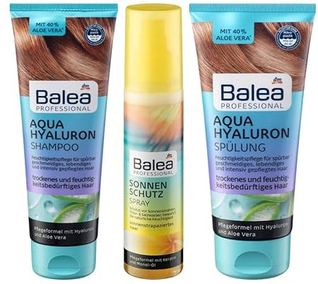 Balea Professional Haarpflege 3er-Set: SHAMPOO Aqua Hyaluron (250 ml), SONNENSCHUTZ Spray (150 ml), CONDITIONER Spülung Aqua Hyaluron (200 ml), 500 ml