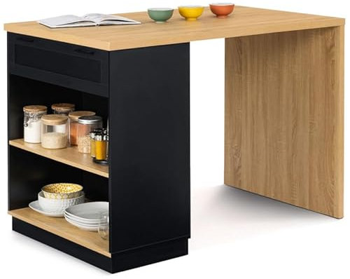 IDMarket – Ilot central para 4 personas VITO 130 cm negro y bandeja de madera
