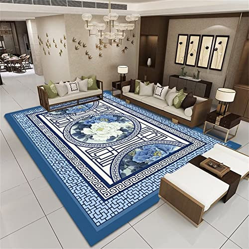 Kunsen Tapis Couloir Paysage Peinture Florale Chinoise Salon Tapis Soldes Bleu Tapis de Jardin Tapis sol200X250CM