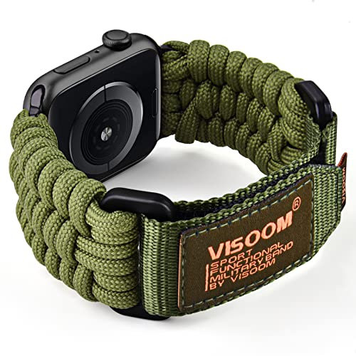 VISOOM Nylon Sport Armband Kompatibel mit Apple Watch 49mm 46mm 45mm 44mm 42mm Herren, Rugged Gewebtes Klettverschluss Loop Sportarmband iWatch Ultra Series 10 9 8 7 6 5 4 3 2 1 SE- Grün-Mitte