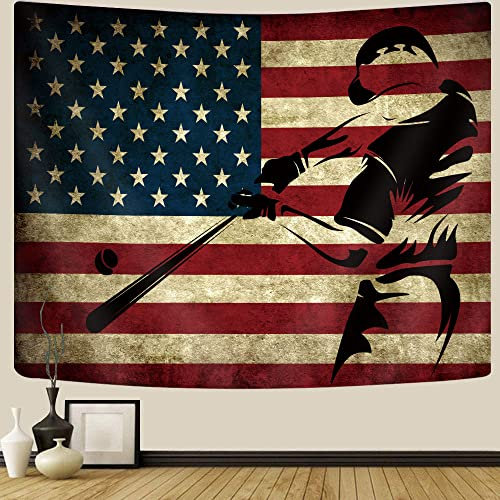 GOAOK Sport-Tapisserie für Jungen-Schlafzimmer, Vintage-Tapisserie mit amerikanischer Flagge, Vintage-Baseball-USA-Sportthema, Baseball-Poster für Wohnzimmer, Schlafzimmer, Wohnheim, 152,4 x 101,6 cm,
