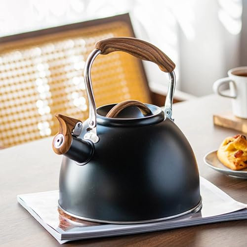 Tuzsocr Bouilloire à thé en Acier Inoxydable avec Manche en Bois, Bouilloire sifflante à induction 3 L,Retro Théière Bouilloire,Chaudière pour cuisinières électriques, à gaz et céramiques (Noir)