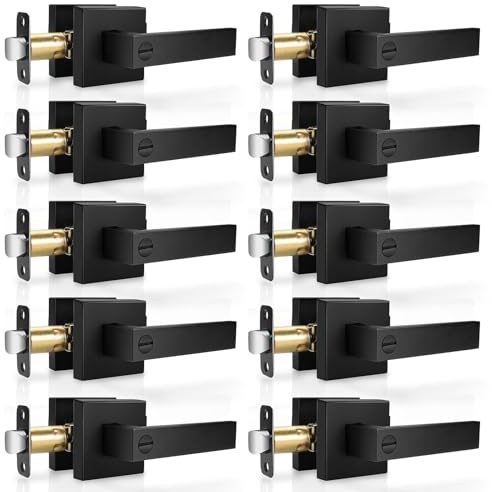 Hasmikit 10 Pack Matte Black Door Handles Privacy Door Levers, Heavy Duty Bed and Bath Door Locks Interior Door Knobs, Reversible Keyless Flat Levers with Square Rosette