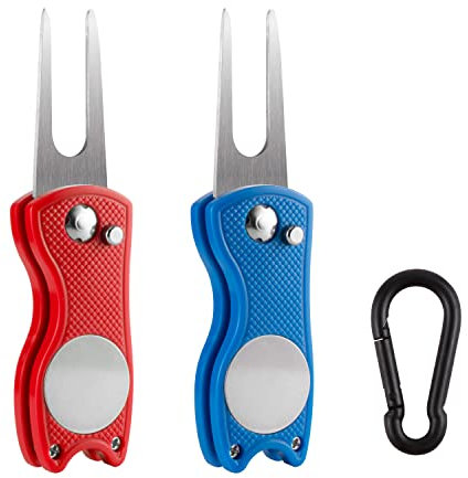 JSMTKJ Golf Reparatur Pitchgabel 2 Stück Edelstahl Golf Pitchgabel Reparatur Pop-up-Taste und Magnetischer Kugelmarkierung für Golfer Reparaturzubehör (mit 2 x Karabinerhaken)