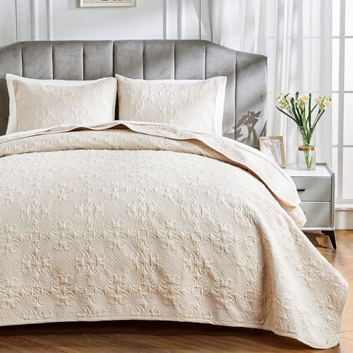 Qucover Bettüberwurf Bedspreads 220x240 Beige Tagesdecke Bett aus Mikrofaser, Steppdecke Sofa Überwurfdecke Wohndecke für Bett