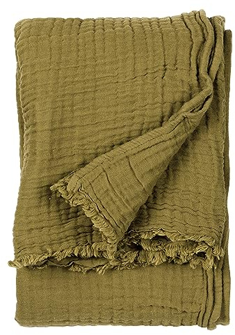 Yard furn Lark Cotton Muslin Überwurf – Weiche Knitterstruktur Decke (Khaki – 130x180cm) | Weicher Baumwoll-Musselin-Überwurf mit atmungsaktiver Knitterstruktur