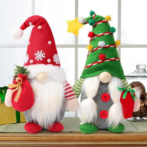 LATERN 2Pcs Christmas Gnome Plush Dolls, Christmas Handmade Swedish Tomte Christmas Tree Hat Sitting Gonk Dwarf Elf Doll for Xmas Fireplaces Office Christmas Party Decor (31cm x 15cm)
