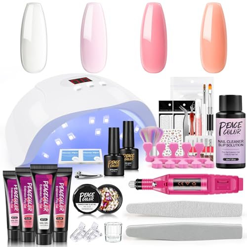 PEACECOLOR Kit Ricostruzione Unghie con Fresa e U V/LED Lampada Set 4 Color Poly Unghie Gel Estensione Kit Semipermanente con Smalto in Gel Top Base Coat Regali per Principianti