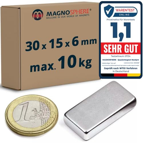 Quadermagnet Neodym Magnet-Quader Extra Stark - Haftkraft bis 800kg - Starke Blockmagnete - Rechteckige NdFeB Magnete, Stückzahl/Größe: 5 Stück - 30 x 15 x 6 mm | Haftkraft 10 kg