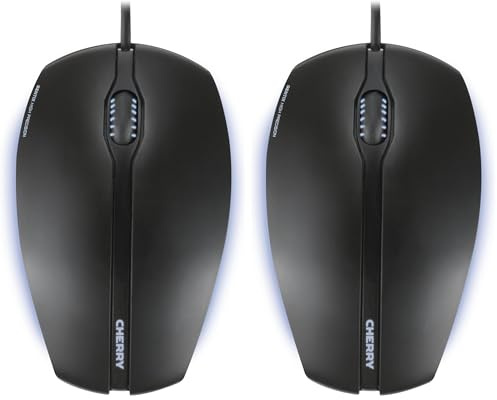 CHERRY GENTIX Corded Optical Illuminated Mouse, kabelgebundene Maus mit 3 Tasten und optischem 1000 DPI Sensor, geeignet für Rechts- und Linkshänder, Blaue Beleuchtung, schwarz (Packung mit 2)