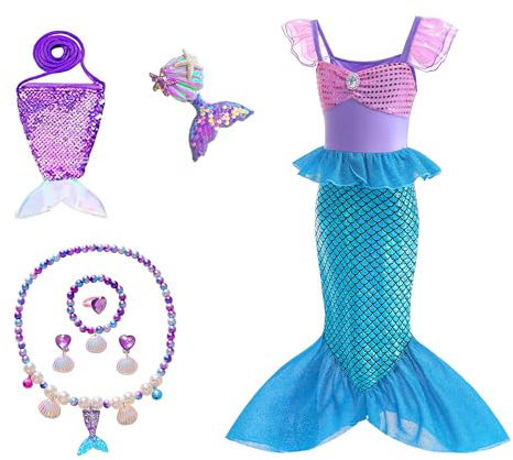HEYOUTH Déguisement Sirène Filles,Deguisement Ariel la Petite Sirene,Robe Princesse Sirène,Pour Costume Halloween Anniversaire Fêté Carnaval Cosplay 2-13 ans,Violet Bleu