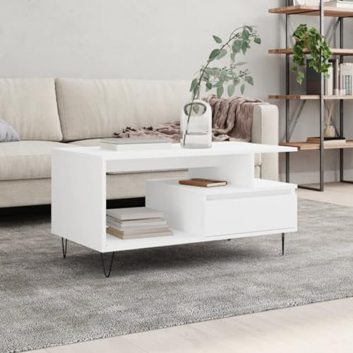 AUVYI Couchtisch mit Schublade Weiß 90x49x45 cm Holzwerkstoff&Metall Sofatisch Holz Sideboard Beistelltisch Chautschtisch Wohnzimmertisch mit Schubladen