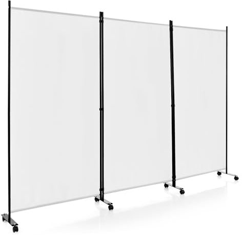 LIFEZEAL 3 Teilig Raumteiler Faltbar, Trennwand mit Rollen, Raumteiler Stehend aus Metallrahmen, Paravent Stellwand für Wohnzimmer & Esszimmer (Weiß, 262 x 180 cm)