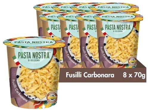 Pasta Nostra | Instant Pasta Pots, CARBONARA Fusilli Pasta with a Cheese and Bacon Sauce, Pack of 8 x 70g, Made in Italy, Ready in 5 minutes