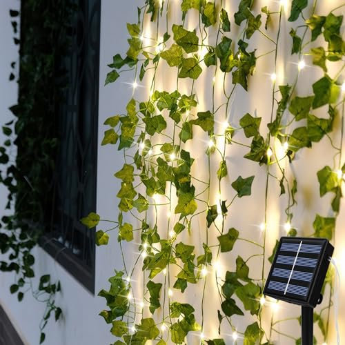 Catena Luminosa Solare Esterno, 7m 50LED Edera Finta Catena Luci, 8 Modalità Edera Artificiale Luci Giardino Esterno Impermeabili, Decorazioni Giardino per Balcone Matrimoni Cortile Feste Natale