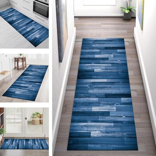 Teppich Läufer Lang Küche Flur Wohnraum Teppichläufer Rutschfest Waschbar Küchenläufer Teppichmatten Blau Holzmaserung 80X300CM Meterware Läufer Flurteppich Wohnzimmer Schlafzimmer Küchenteppich