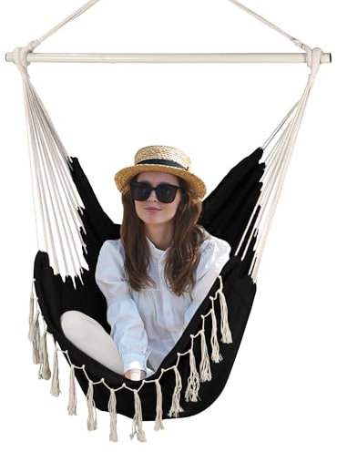 Chaise hamac pour extérieur et intérieur, chaise suspendue en macramé avec poche pour chambre à coucher et extérieur, noir