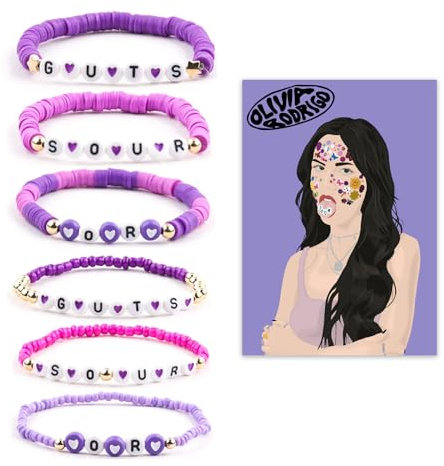 Olivia Armband-Set für Frauen und Mädchen, GUTS Sour Album inspiriertes Perlenarmband, Olivia Merch, Konzert-Outfits, Zubehör, Musikliebhaber, Schmuck für Fans, Geburtstagsdekorationen, 6 Stück