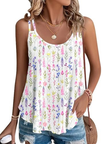 WNEEDU Tops sans Manches débardeur d’été Femmes Gilet de Cou Chemisiers décontractés lâches Chemises pour Femmes Gilets pour Dames Chemise Caraco débardeurs de Base Fleur Verticale S