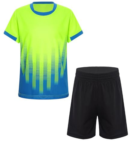 Miutii Jungen Fußball Trainingsanzug Sport Kurzarm T-Shirt & Shorts Kinder Fußball Trikot Set Basketball Kleidung Jogging Laufen Sport Set Leuchtendes Grün 158-164