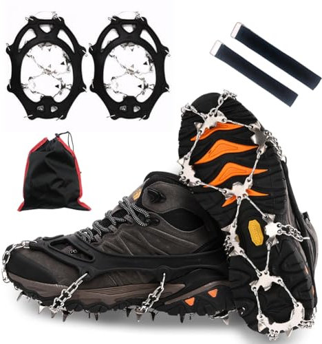 CEWROM Steigeisen für Bergschuhe, 26 Zähne Verdickte Schuhkrallen aus Edelstahl, Anti-Rutsch Schuhspikes mit Aufbewahrungstaschen, Riemen, Steigeisen für EIS Wandern Klettern Trail Running Trekking(L)
