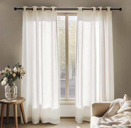 Deconovo Woven Net Curtains for Bedroom, Semi Transparent Linen Look Sheer Curtains Eyelet, Super Soft Window Voile Curtains for Boys Bedroom, 55 x 90 Inch, Linen Sheer, 2 Panels