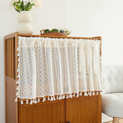 Whoiy Scheiben Kurzgardinen Beige 1 Stück 100 cm Höhe, Scheibengardine Küche Durchsichtig Spitze Modern Stores Gardinen Böhmen mit Quaste Wohnzimmer Landhaus Vorhänge Küchenfenster 100x150cm