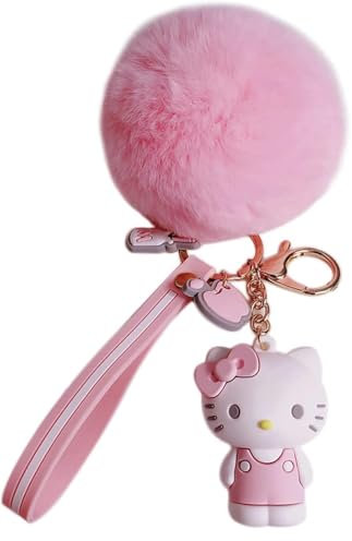 Schlüsselanhänger Bommel Plüsch,Weicher Plüsch Kätzchen Schlüsselanhänger, Flauschige Handschlaufe Plüschball-Schlüsselanhänger für Frauen,Pompom Anhänger für Tasche, Auto Anhänger Plüsch Damen(Rosa)