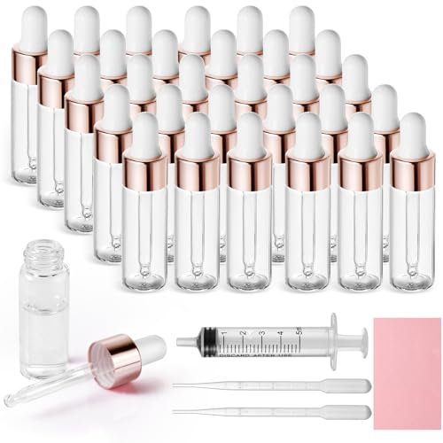 Nadisean 30 Stück Mini Pipettenflasche 5ml, Transparente Flasche mit Pipette, Roségoldener Kleiner Probenfläschchen mit pipette mit 2 x 3ml Pipette für Parfüm, Öle