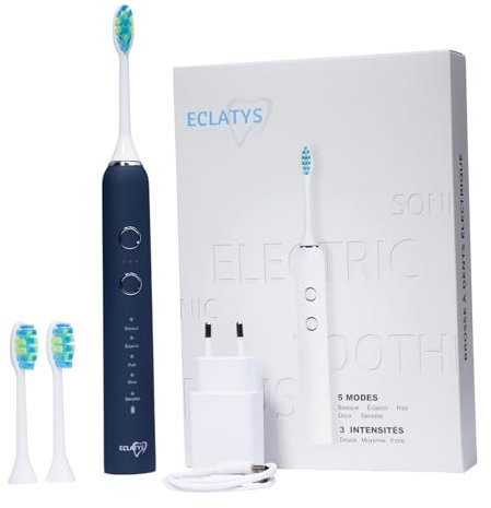 Eclatys - Brosse à Dents Électrique Sonique - Rechargeable USB-C - 50 jours d'autonomie - 5 Modes de Brossage - 3 intensités - Minuteur Intégré – 1 manche et 2 brossettes (Bleue, Standard)