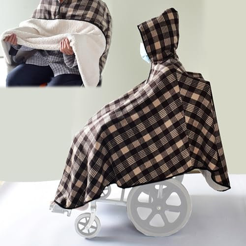 MREGLHUI Rollstuhl Kuschelige Abdeckung, Erwachsene Rollstuhl Decke Winter Warme Abdeckung Für Den Halbe Packung,Rollstuhl Mantel Winddicht Rollstuhl Cape Mit Kapuze,Braun,140cm/55in