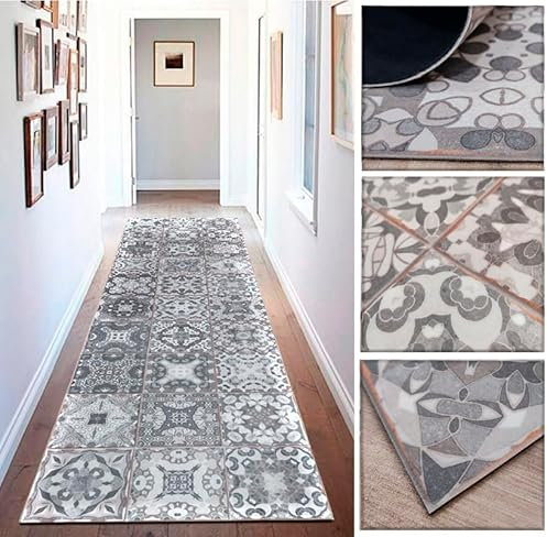 Tadi & Imperio1979 Alfombra de Vinilo Larga con diseño Floral Vintage en Gris Envejecido y Blanco para Cocina, lavaderos, Pasillo, Aseo, dormitorios con revés PVC Antideslizante, 60x300cm.