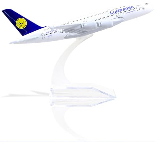 QIYUMOKE 1/400 A380 Metallflugzeugmodell für Lufthansa für Airbus A380 mit Ständer (6 Zoll lang), geeignet für Luftfahrtbegeisterte als Geschenk oder Ausstellungsdekoration
