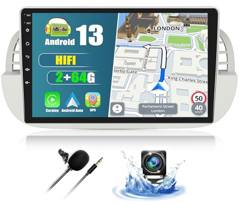 CAMECHO 2+64G 9 Pollici Senza Fili Carplay Autoradio per Fiat 500. 2007-2015 con Telecamera Posteriore HIFI, Android 13 Bluetooth Radio HD con Android Auto WIFI GPS FM/RDS Mirror Link +Canbus