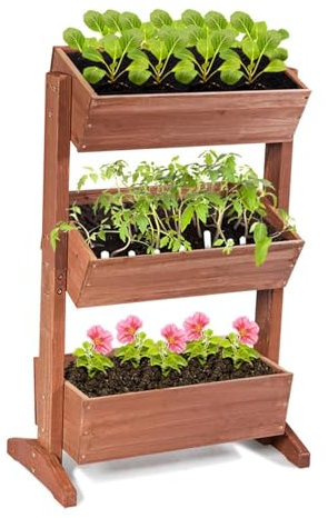 GOPLUS 3 Etagen Hochbeet, Blumenbeet aus Tannenholz, Blumentreppe mit 3 Blumentrögen & Ablauflöchern, Pflanzbeet für Garten Balkon Terrasse, 71 x 38 x 105 cm