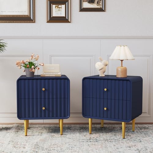 MROJISC Nachttisch 2er Set, Moderner Nachtschränkchen mit 2 Schubladen Geriffelter Nachttisch Blau, Holz Nachtschrank mit Goldenem Beine für Schlafzimmer, Wohnzimmer